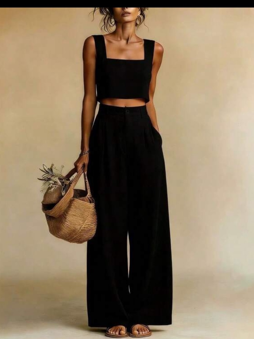 Women sleeveless Square Neck Tank Top Wide Leg Pants two piece Set s black NWOT